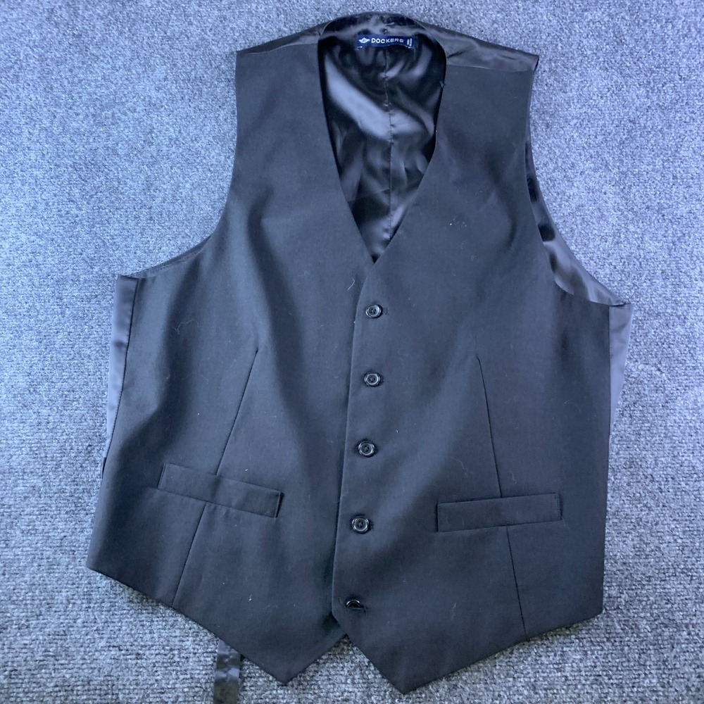 Dockers Vest Waistcoat Mens L Black Good Business Formal 5-Button Cinch Back